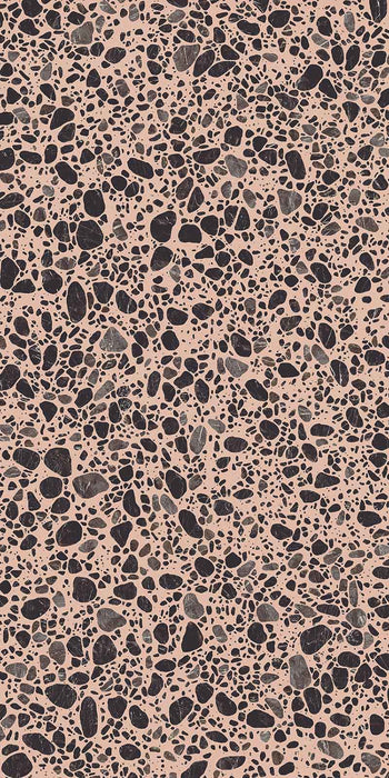 Melody POP Terrazzo Pink porcelain tile in 60cm x 120cm, featuring a warm blush pink base scattered with irregular black and grey terrazzo effect fragments in varied sizes for a bold, contemporary finish.