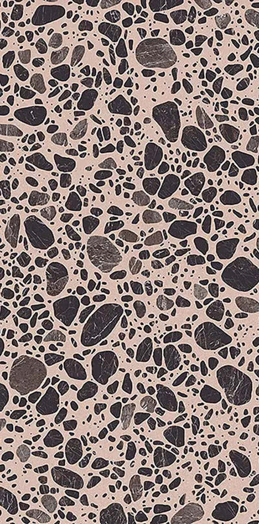 Close-up of Melody Pop Pink 60cm x 120cm terrazzo effect porcelain tile, featuring a soft pink background with black and grey stone-inspired aggregates for contemporary wall and floor designs.