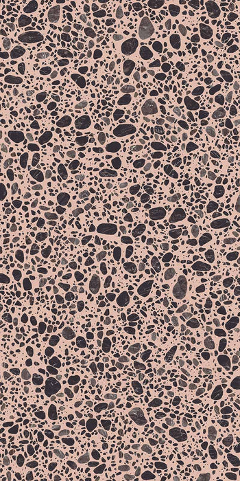 Melody POP Terrazzo Pink porcelain tile in 60cm x 120cm, featuring a warm blush pink base scattered with irregular black and grey terrazzo effect fragments in varied sizes for a bold, contemporary finish.