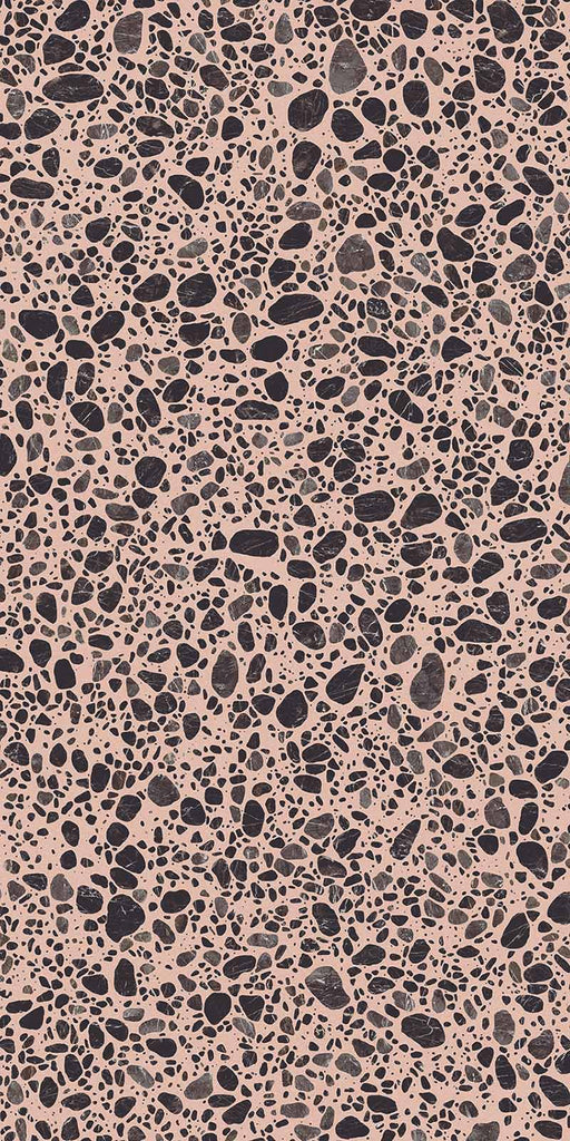 Melody POP Terrazzo Pink porcelain tile in 60cm x 120cm, featuring a warm blush pink base scattered with irregular black and grey terrazzo effect fragments in varied sizes for a bold, contemporary finish.