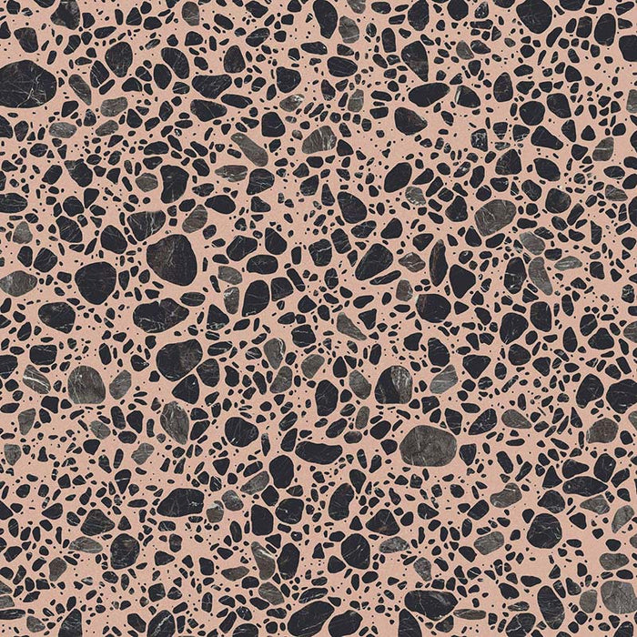 Melody POP Terrazzo Pink 60 × 60cm porcelain tile, featuring a bold terrazzo-effect design with oversized black and charcoal stone fragments set against a soft pink background, creating a playful contemporary statement surface.