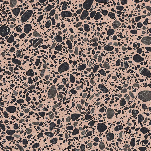 Melody POP Terrazzo Pink 60 × 60cm porcelain tile, featuring a bold terrazzo-effect design with oversized black and charcoal stone fragments set against a soft pink background, creating a playful contemporary statement surface.