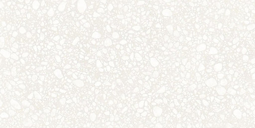 Close-up of Melody Pop White 60cm x 120cm terrazzo effect porcelain tile, featuring a soft white background with subtle white stone-inspired aggregates for bright, contemporary wall and floor designs.