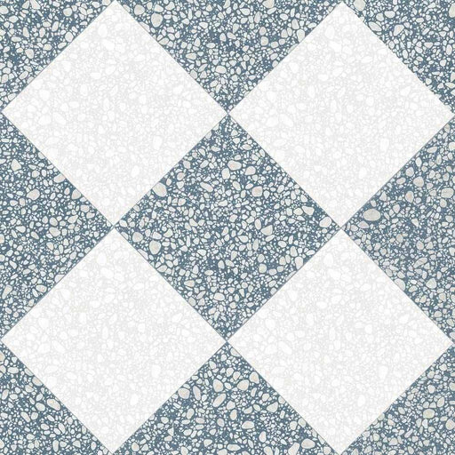 Flat lay of Melody POP Terrazzo White 60 × 60cm terrazzo-effect porcelain tiles, arranged in a blue and white chequerboard layout to showcase the playful terrazzo-inspired pattern and contemporary retro character.