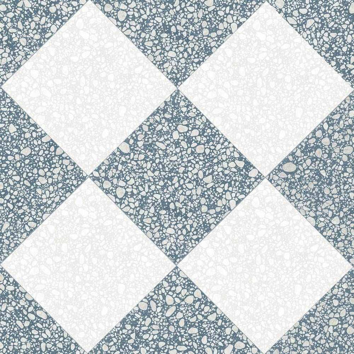 Flat lay of Melody POP Terrazzo White 60 × 60cm terrazzo-effect porcelain tiles, arranged in a blue and white chequerboard layout to showcase the playful terrazzo-inspired pattern and contemporary retro character.
