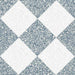 Flat lay of Melody POP Terrazzo White 60 × 60cm terrazzo-effect porcelain tiles, arranged in a blue and white chequerboard layout to showcase the playful terrazzo-inspired pattern and contemporary retro character.