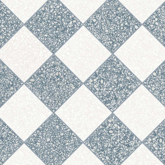 Flat lay of Melody POP Terrazzo White 60 × 60cm terrazzo-effect porcelain tiles, arranged in a blue and white chequerboard layout to showcase the playful terrazzo-inspired pattern and contemporary retro character.