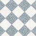 Flat lay of Melody POP Terrazzo White 60 × 60cm terrazzo-effect porcelain tiles, arranged in a blue and white chequerboard layout to showcase the playful terrazzo-inspired pattern and contemporary retro character.