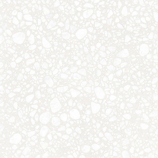 Close-up of Melody POP Terrazzo White 60 × 60cm terrazzo-effect porcelain tiles, featuring subtle white and light grey stone fragments for a soft contemporary terrazzo-inspired finish.