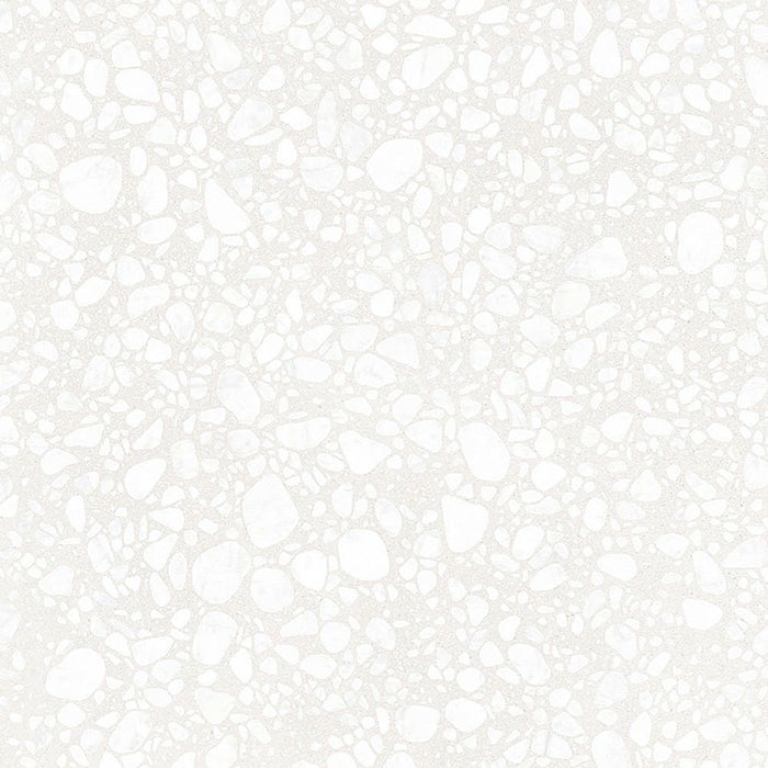Close-up of Melody POP Terrazzo White 60 × 60cm terrazzo-effect porcelain tiles, featuring subtle white and light grey stone fragments for a soft contemporary terrazzo-inspired finish.