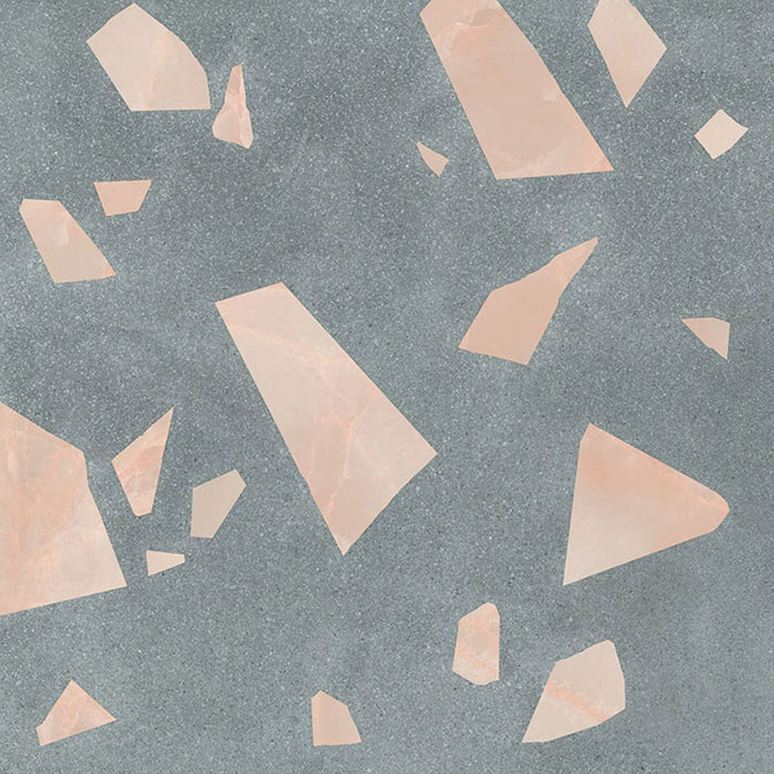 Close-up of Melody ROCK Terrazzo Green 60 × 60cm terrazzo-effect porcelain tiles, featuring oversized blush pink marble-style fragments set against a deep green-grey base for a bold contemporary statement finish.