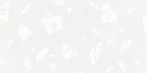 Close-up of Melody ROCK Terrazzo White 60 × 120cm terrazzo-effect porcelain tiles, featuring large marble-inspired white fragments scattered across a soft white base for a clean, contemporary terrazzo look with subtle texture and depth.