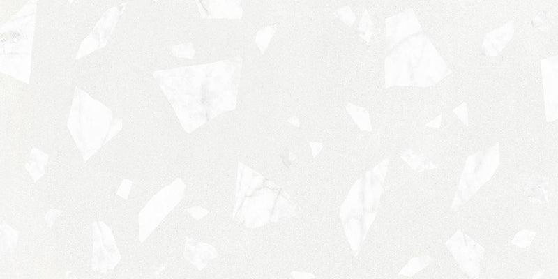 Close-up of Melody ROCK Terrazzo White 60 × 120cm terrazzo-effect porcelain tiles, featuring large marble-inspired white fragments scattered across a soft white base for a clean, contemporary terrazzo look with subtle texture and depth.