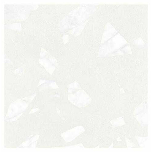 Close-up of Melody ROCK Terrazzo White 60 × 60cm terrazzo-effect porcelain tiles, featuring oversized marble-inspired white fragments softly layered across a pale white base for a refined contemporary terrazzo finish with subtle tonal variation.