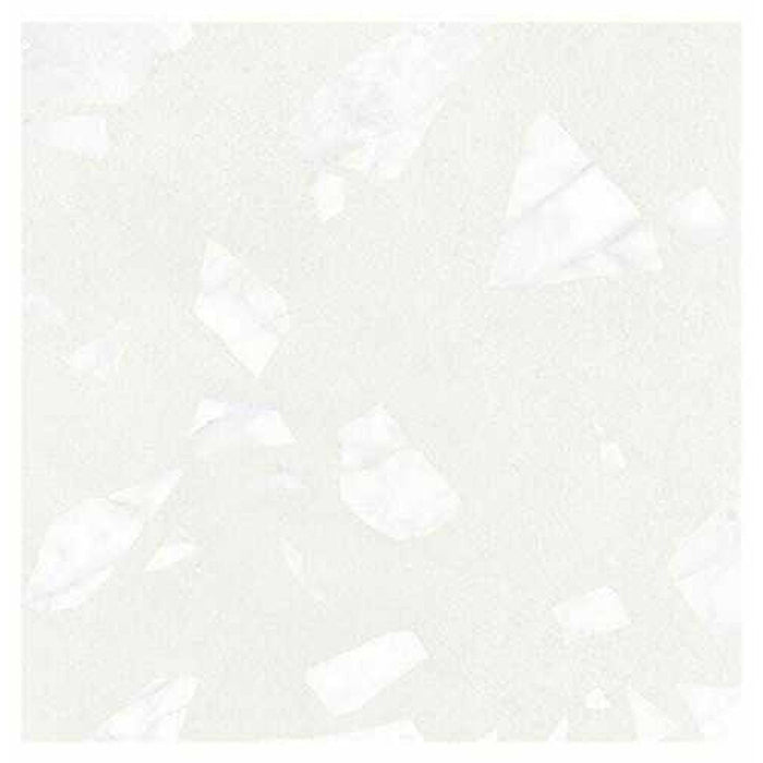 Close-up of Melody ROCK Terrazzo White 60 × 60cm terrazzo-effect porcelain tiles, featuring oversized marble-inspired white fragments softly layered across a pale white base for a refined contemporary terrazzo finish with subtle tonal variation.