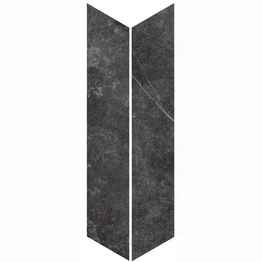 Product display of Monzo Stone Chevron Nite 10x53cm chevron porcelain tiles in deep charcoal tones, featuring subtle stone-effect texture, soft tonal variation and delicate veining inspired by natural stone surfaces.