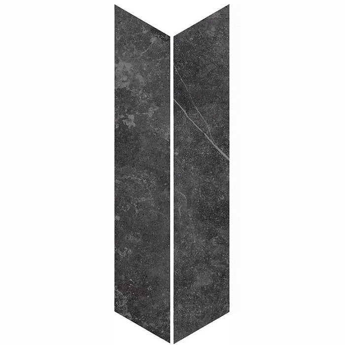 Product display of Monzo Stone Chevron Nite 10x53cm chevron porcelain tiles in deep charcoal tones, featuring subtle stone-effect texture, soft tonal variation and delicate veining inspired by natural stone surfaces.