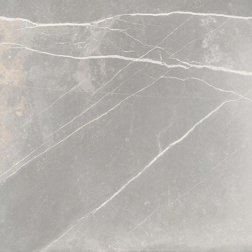 Product display of Monzo Stone Titanium 60x60cm stone-effect porcelain tiles in soft grey tones, featuring delicate white veining, subtle texture, and natural tonal variation with a stone-inspired finish.