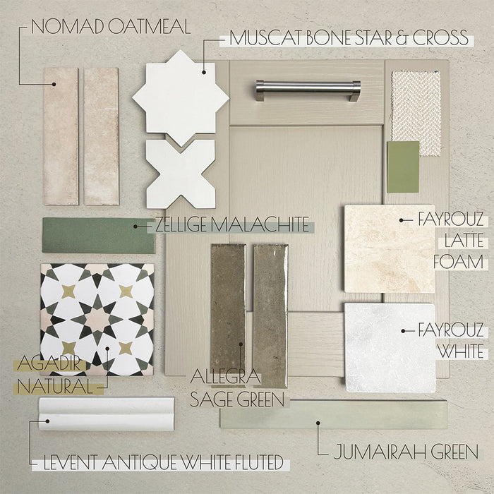 Tile moodboard featuring Fayrouz White 15.2x15.2cm natural marble tile with a tumbled finish, styled alongside coordinating green, cream and patterned tiles with brushed metal hardware and textured material samples.