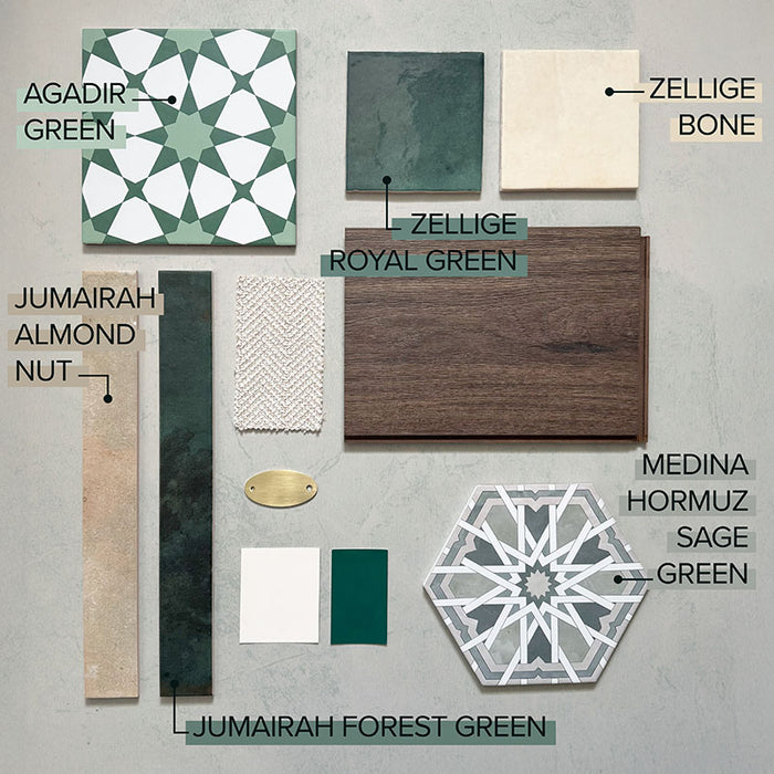 Moodboard featuring Zellige Bone Moroccan-style square tiles, paired with green patterned tiles, natural wood textures, and soft neutral finishes.