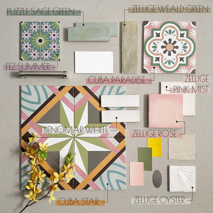 Puzzle Sage Green Brick Rectified 5x20cm porcelain tiles styled within a fresh, colour-led moodboard featuring patterned statement tiles, soft pink tones and crisp white accents. The muted sage green bricks add a calm, grounding element to the palette, with subtle speckling and natural shade variation that pairs beautifully with decorative designs, zellige-effect finishes and contemporary geometric patterns for cohesive wall and floor schemes.