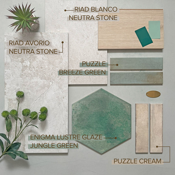 Puzzle Cream Brick Rectified 5x20cm wall and floor tiles in a soft neutral cream tone, styled within a natural green and stone inspired moodboard, highlighting versatile combinations for kitchen splashbacks, bathrooms and feature walls.