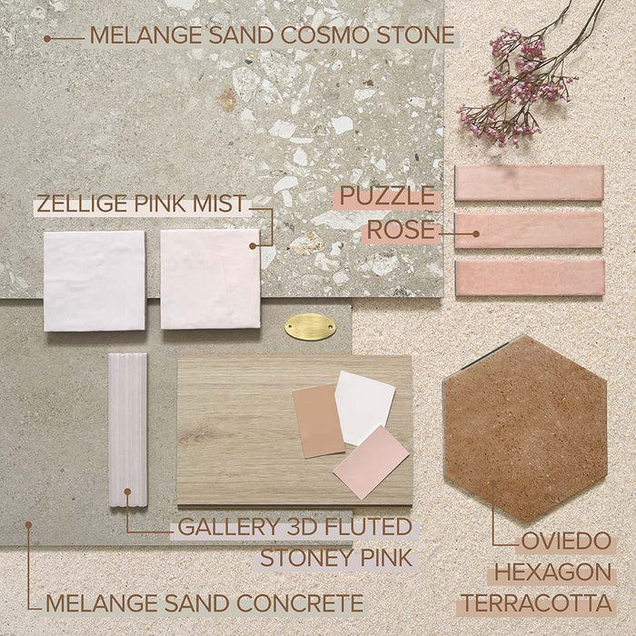 Puzzle Rose Brick Rectified 5x20cm tiles featured within a soft, layered moodboard of blush tones, warm neutrals and terrazzo textures. The gentle pink hue pairs beautifully with stone-effect surfaces, terracotta accents and brushed brass details, creating a calm, contemporary palette with subtle warmth.