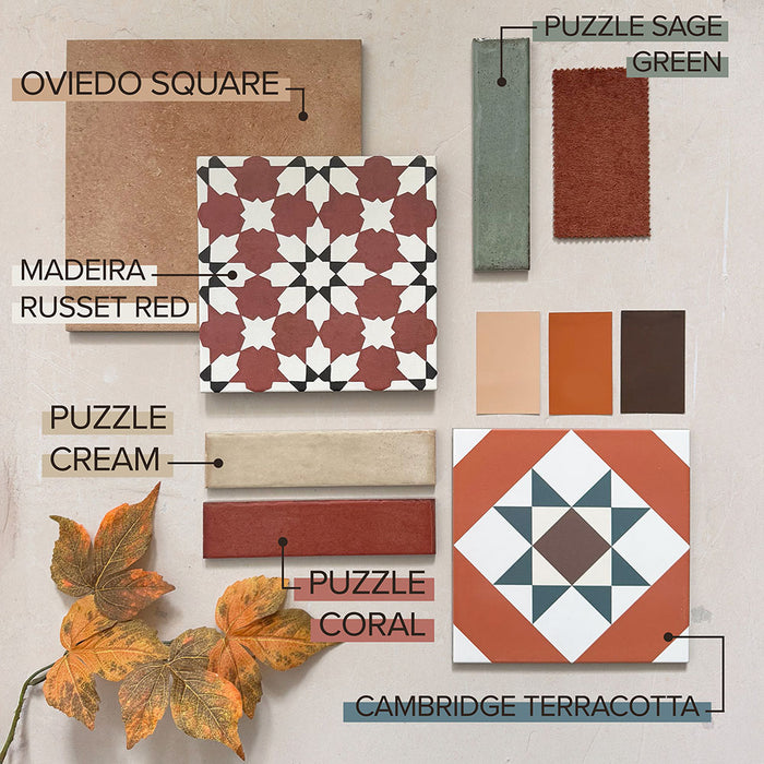 Puzzle Coral Brick Rectified 5x20cm wall and floor tiles in a warm coral tone, styled within a contemporary moodboard alongside sage green, cream and terracotta tiles, highlighting their versatility for kitchen splashbacks and bathroom walls.