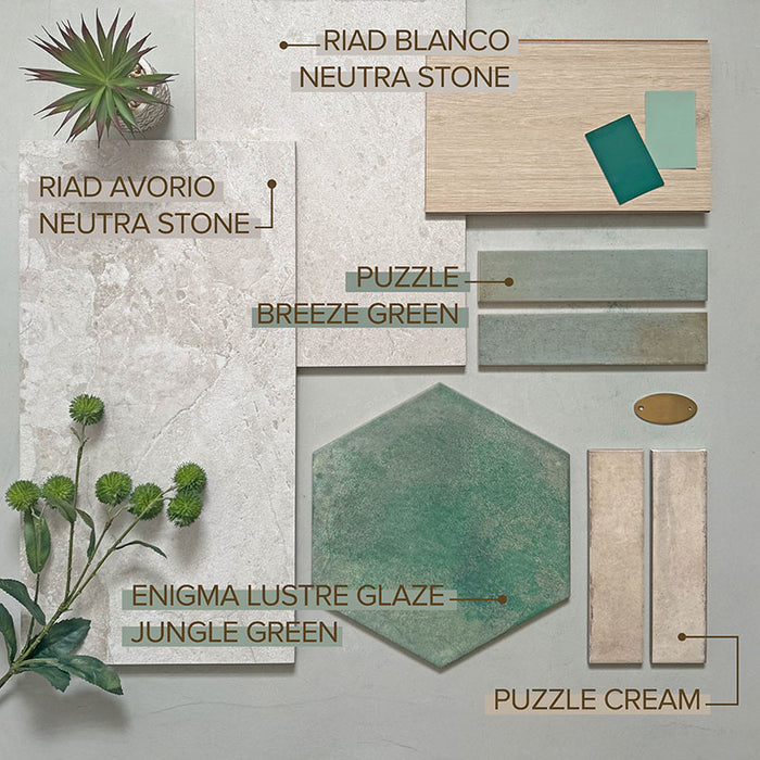 Puzzle Breeze Green Brick Rectified 5x20cm porcelain tiles featured within a coordinated moodboard, highlighting soft breeze green tones with delicate speckling and subtle edge shading for a refined handmade look. Shown alongside neutral stone-effect surfaces and rich green accents, the slim brick format offers a calm, contemporary foundation for layered interior schemes.