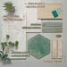 Puzzle Breeze Green Brick Rectified 5x20cm porcelain tiles featured within a coordinated moodboard, highlighting soft breeze green tones with delicate speckling and subtle edge shading for a refined handmade look. Shown alongside neutral stone-effect surfaces and rich green accents, the slim brick format offers a calm, contemporary foundation for layered interior schemes.