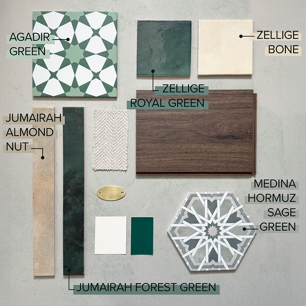 Moodboard featuring Medina Hormuz Sage Green/Grey Moroccan-style hexagon porcelain tile, 18.7 × 21.6 cm, paired with complementary green tiles, neutral finishes and wood textures to showcase a cohesive interior colour palette.
