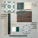 Moodboard featuring Medina Hormuz Sage Green/Grey Moroccan-style hexagon porcelain tile, 18.7 × 21.6 cm, paired with complementary green tiles, neutral finishes and wood textures to showcase a cohesive interior colour palette.