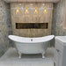 Bathroom featuring Museo Warm Stone Matt 60x120cm porcelain wall tiles, showcasing a dramatic marble effect design in warm beige, ivory and grey tones, paired with a freestanding bath, brass fittings and textured feature wall tiles.