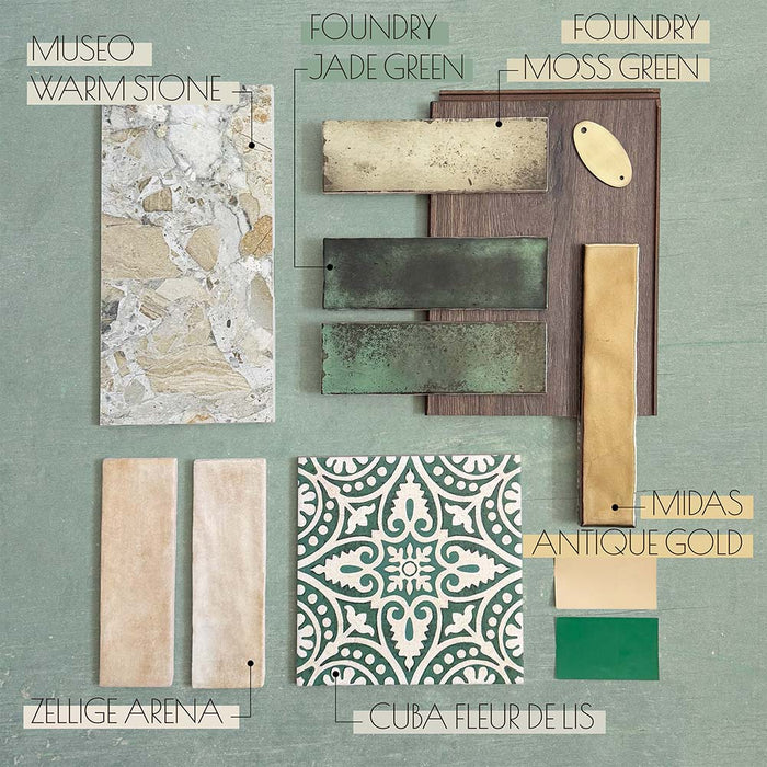 Moodboard featuring Museo Warm Stone Matt 60x120cm porcelain tiles, paired with Foundry Jade Green and Moss Green wall tiles, Midas Antique Gold accents, Zellige Arena tiles and Cuba Fleur De Lis patterned tiles in a warm, earthy palette.