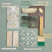 Moodboard featuring Museo Warm Stone Matt 60x120cm porcelain tiles, paired with Foundry Jade Green and Moss Green wall tiles, Midas Antique Gold accents, Zellige Arena tiles and Cuba Fleur De Lis patterned tiles in a warm, earthy palette.
