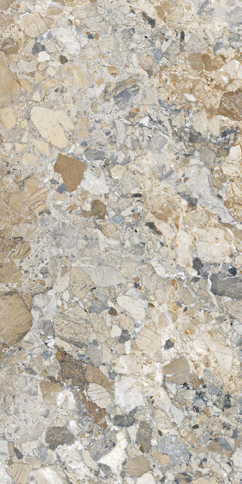 Product image of Museo Warm Stone Matt 60x120cm porcelain tiles, featuring a bold marble effect design with layered ivory, beige, taupe and grey stone fragments, showcasing the collection's natural stone-inspired character in a contemporary matt finish.