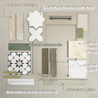 Moodboard featuring Moroccan style patterned tiles, zellige-effect wall tiles in sage and malachite green, marble-effect porcelain, fluted feature tiles and neutral canvas-effect wall and floor tiles, styled together for coordinated kitchen and bathroom interiors.