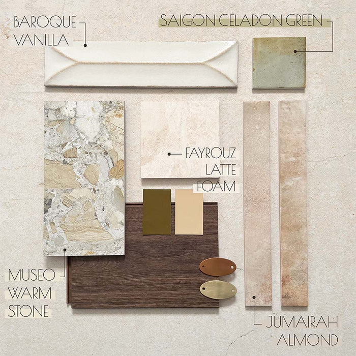 Moodboard featuring baroque-style vanilla gloss tiles, celadon green wall tiles, marble-effect porcelain, warm stone-effect floor tiles and neutral beige brick tiles, styled together to showcase coordinated kitchen and bathroom tile combinations in soft green and warm neutral tones.