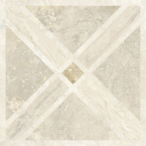 Product image of Nucetto Travertine Decor 60x60cm wall and floor tiles, featuring a geometric travertine effect pattern in warm beige and cream tones, showcasing the collection's elegant natural stone-inspired design.