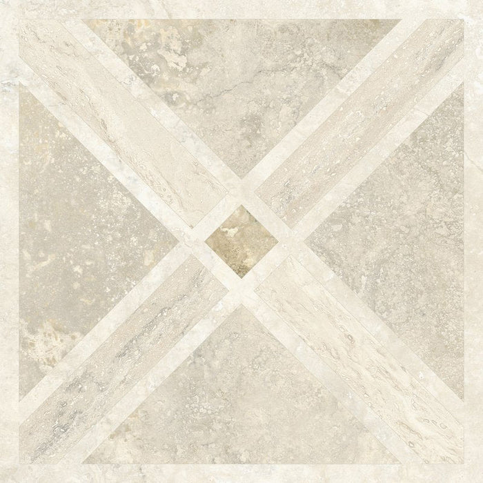 Product image of Nucetto Travertine Decor 60x60cm wall and floor tiles, featuring a geometric travertine effect pattern in warm beige and cream tones, showcasing the collection's elegant natural stone-inspired design.