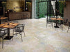 Hospitality setting featuring Boho Ocean Blend 2cm 50 × 100cm patterned slabs, blending soft neutral and blue tones with a gently weathered effect. Ideal for patios and indoor-outdoor spaces, adding texture and relaxed character.