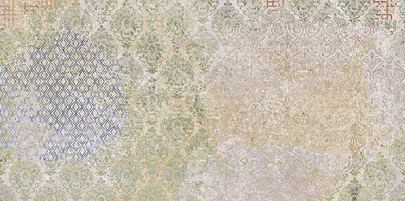 Flat lay of Boho Ocean Blend 2cm 50 × 100cm outdoor slabs, featuring layered neutral and blue tones with a softly distressed, decorative effect. Ideal for patios, terraces, and seamless indoor-outdoor spaces.