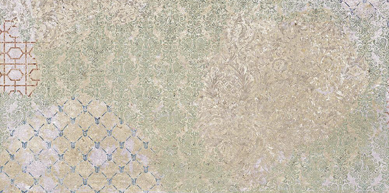 Flat lay of Boho Ocean Blend 2cm 50 × 100cm outdoor slabs, featuring layered neutral and blue tones with a softly distressed, decorative effect. Ideal for patios, terraces, and seamless indoor-outdoor spaces.