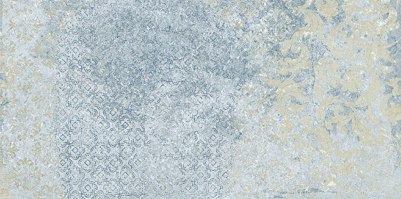 Flat lay of Boho Ocean Blue 2cm 50 × 100cm outdoor slabs, featuring layered blue and soft neutral tones with a lightly distressed, decorative effect. Ideal for patios, terraces, and outdoor living spaces.