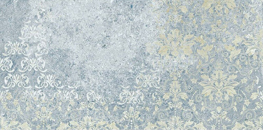 Flat lay of Boho Ocean Blue 2cm 50 × 100cm outdoor slabs, featuring layered blue and soft neutral tones with a lightly distressed, decorative effect. Ideal for patios, terraces, and outdoor living spaces.