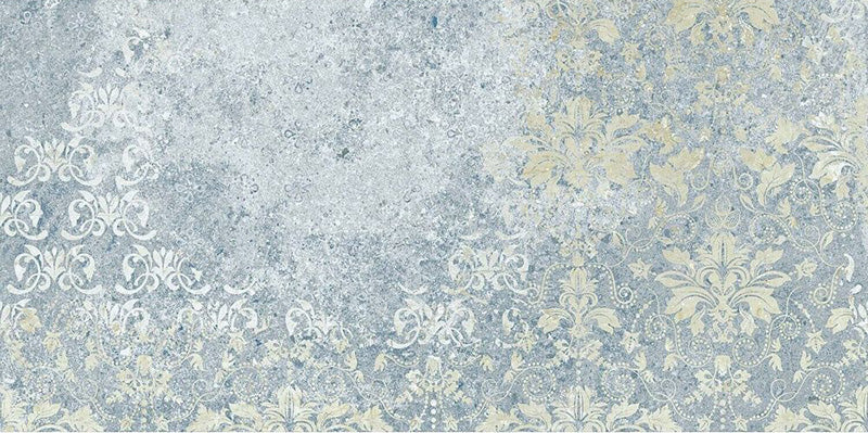 Flat lay of Boho Ocean Blue 2cm 50 × 100cm outdoor slabs, featuring layered blue and soft neutral tones with a lightly distressed, decorative effect. Ideal for patios, terraces, and outdoor living spaces.
