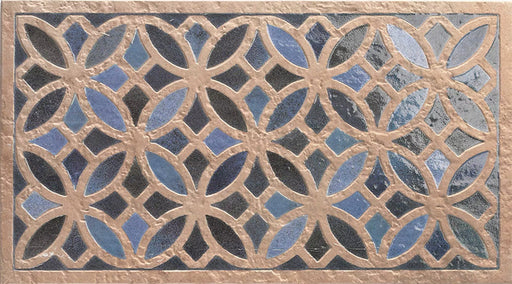 Close-up of Ourika Azure Blue Moroccan style decorative porcelain wall tile, featuring an intricate interlocking geometric floral pattern in rich azure