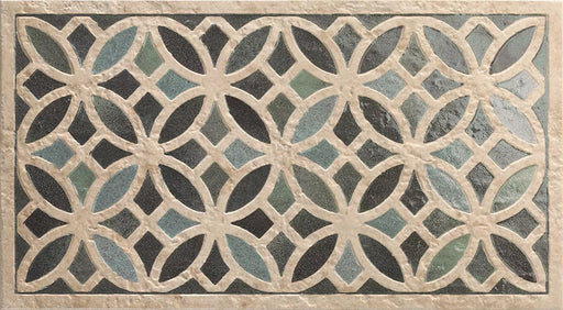 Ourika Emerald Green Moroccan style decorative porcelain wall tile, showcasing an intricate geometric floral pattern in soft emerald green, charcoal, beige and cream tones, inspired by traditional Moroccan style design for a timeless decorative feature wall.
