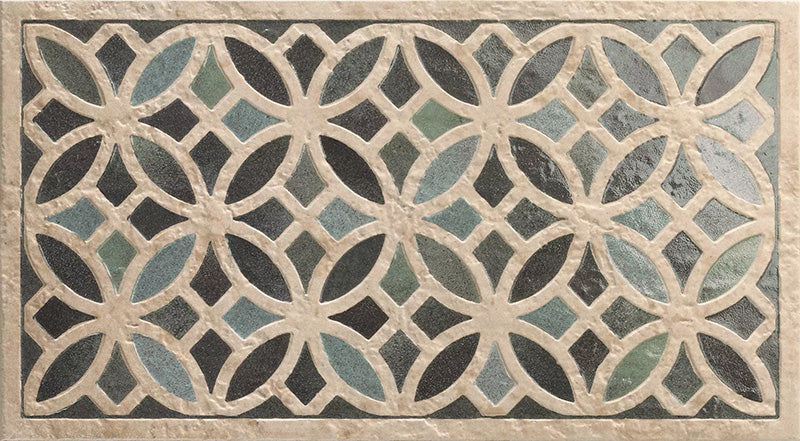 Ourika Emerald Green Moroccan style decorative porcelain wall tile, showcasing an intricate geometric floral pattern in soft emerald green, charcoal, beige and cream tones, inspired by traditional Moroccan style design for a timeless decorative feature wall.