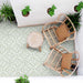 Outdoor patio seating area with rattan chairs, small round table and hanging plants, featuring London Streets Thornton Place Sage Green 20cm x 20cm Victorian Moroccan style patterned floor tiles in a fresh sage and white design.